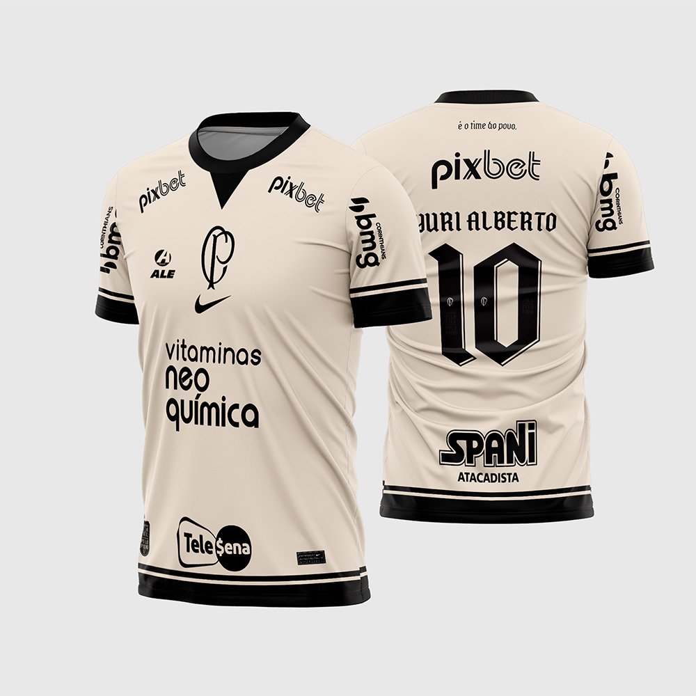 Arte Vetor Camisa Corinthians Quarta 2023 - 2024.jpg apresenta o mockup do fardamento alternativo do Corinthians na cor preta com o primeiro escudo clássico do clube de 1913, marcas de patrocinadores em bege, fundo texturizado com faixas verticais estilo poeira do terrão e numeração esportiva bege nas costas em sublimação total CorelDRAW.