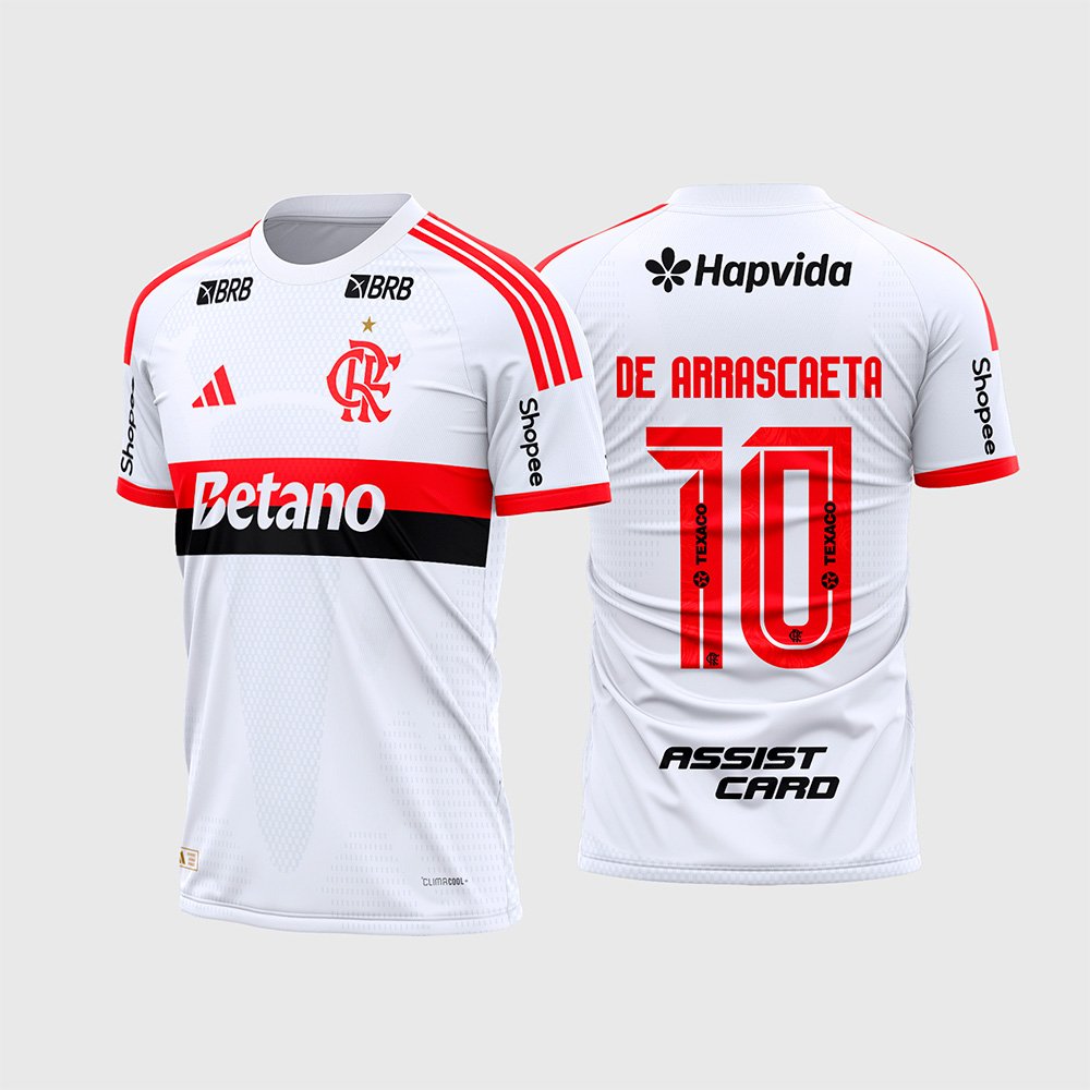 Arte Camisa Flamengo Reserva 2026 - 2027.jpg apresenta o mockup do fardamento de visitante do Flamengo na cor branca com marcas d'água de texturas geométricas abstratas, faixas horizontais vermelhas e pretas nos ombros e mangas, escudo CRF e numeração esportiva preta nas costas em sublimação total CorelDRAW.