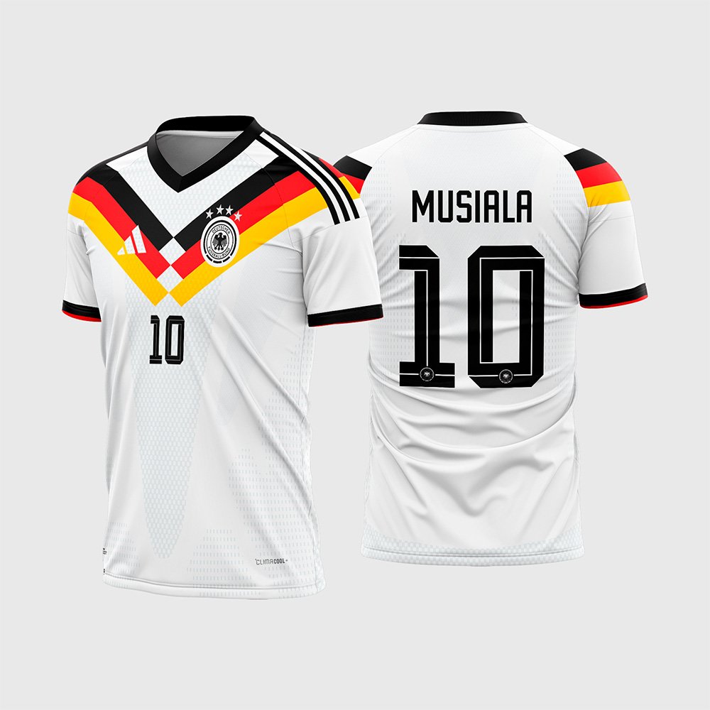 Arte Camisa Brasil Copa do Mundo 2026 Modelo 03.jpg apresenta o mockup de um fardamento da seleção brasileira na cor azul royal com padrão de microtriângulos geométricos em degradê nos ombros e peito, faixas transversais em tons de azul, espaço para logotipo personalizado e numeração esportiva amarela nas costas em sublimação total CorelDRAW.