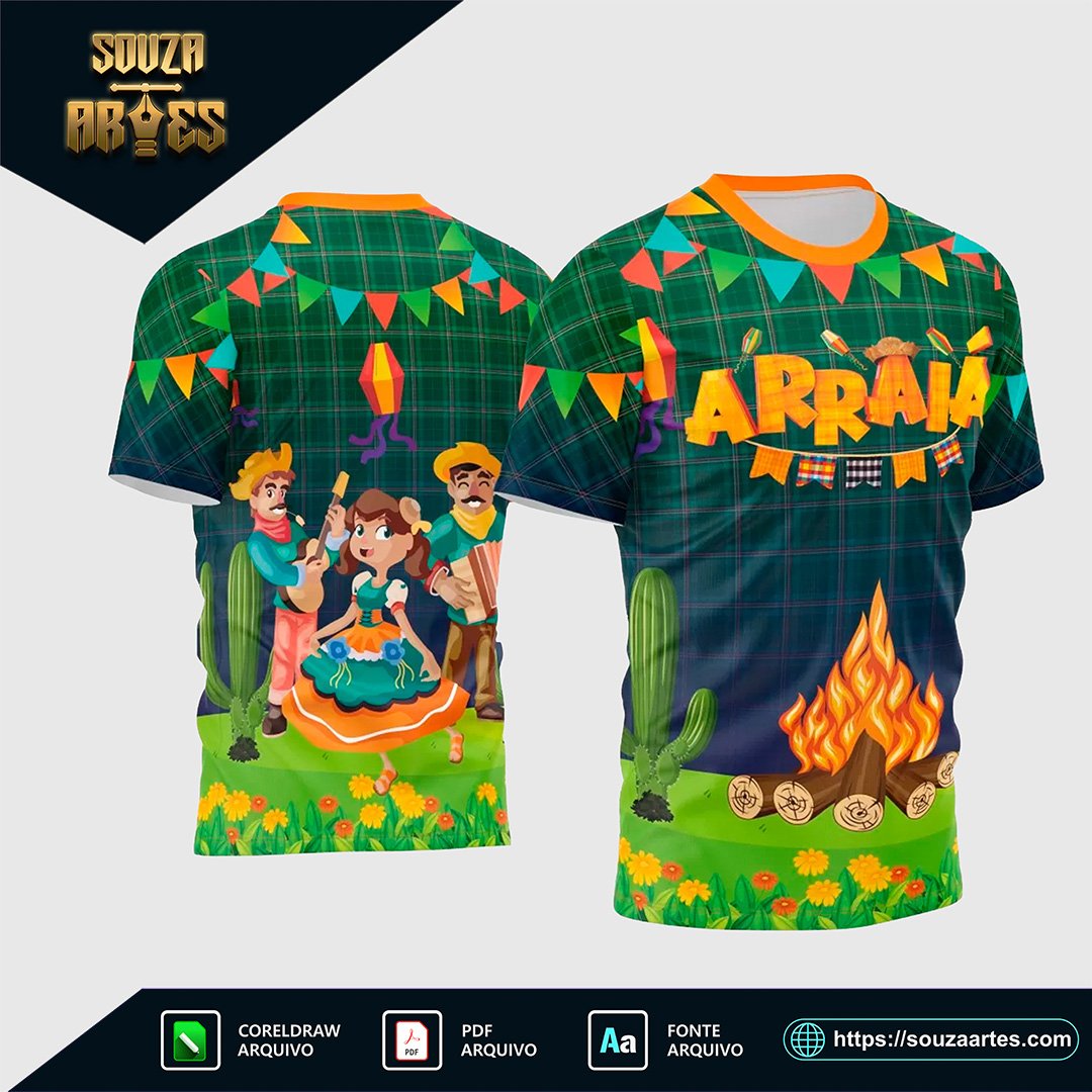 Estampa Vetor de Camisa temática São João 2025 com elementos juninos em vetor editável no Corel Draw X7