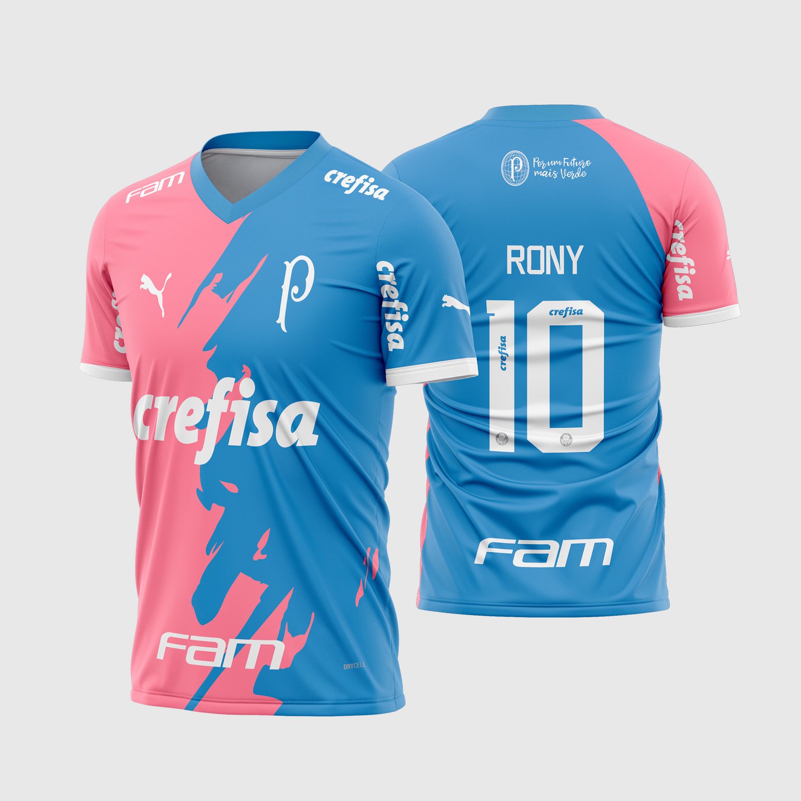Arte Vetor Camisa do Palmeiras Outubro Rosa Novembro Azul 2023 - 2024.jpg apresenta o mockup de uma camisa especial do Palmeiras com divisão vertical meio a meio nas cores rosa pastel e azul sereno, escudo do clube no peito, laços das campanhas de conscientização nas laterais e numeração esportiva moderna nas costas em sublimação total CorelDRAW.