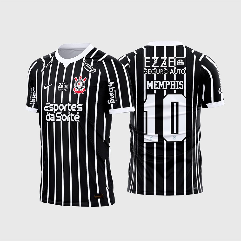 Arte Vetor Camisa Corinthians Reserva 2026 - 2027 apresenta o mockup do uniforme reserva do Corinthians na cor preta com listras verticais brancas, patrocínio Esportes da Sorte, gola branca e layout traseiro oficial Memphis número 10 para sublimação total CorelDRAW.