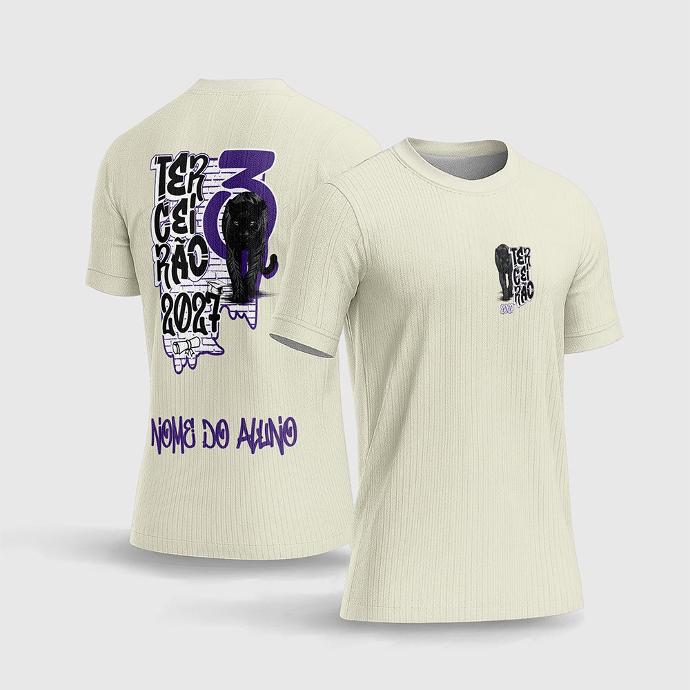 Arte Estampa Camisa Terceirão Pantera Negra Bege.jpg apresenta o mockup de um fardamento escolar de formatura na cor bege cream off-white com estampa frontal minimalista, e um grande grafismo traseiro no estilo streetwear combinando a ilustração realista de uma pantera negra, muro de tijolos grafitado em roxo, escrita Terceirão 2027, número 3 grande e o campo para o nome do aluno em sublimação total CorelDRAW.