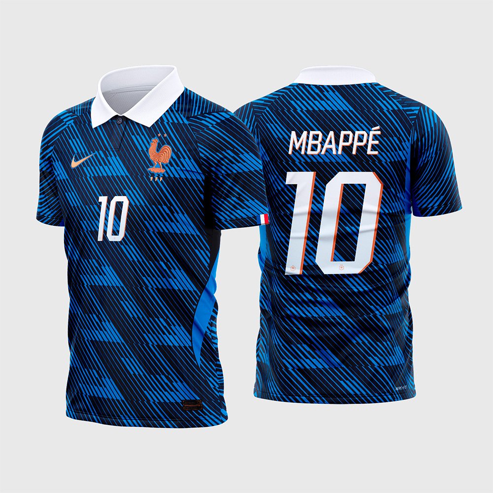 Arte Camisa França Titular 2026 - 2028.jpg apresenta o mockup do fardamento titular da seleção da França na cor azul marinho com marcas d'água de texturas em hachuras tridimensionais, escudo dourado do Galo Gálico com duas estrelas, detalhes tricolores nas golas e mangas, e numeração esportiva dourada exibindo o nome Mbappé nas costas em sublimação total CorelDRAW.