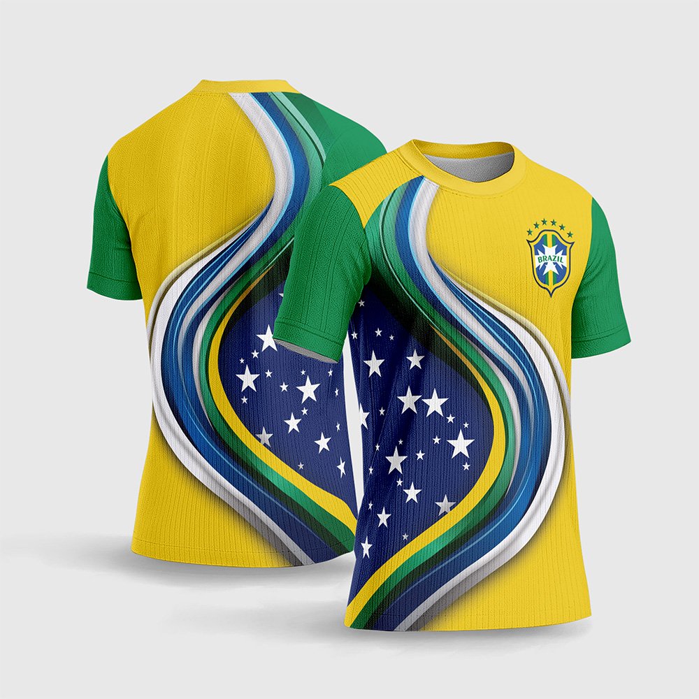 Arte Camisa Brasil Copa do Mundo 2026 Modelo 05.jpg apresenta o mockup do fardamento titular tradicional da Seleção Brasileira na cor amarelo ouro com marcas d'água de texturas tropicais, escudo oficial da CBF com cinco estrelas, gola polo verde com frisos e numeração esportiva verde nas costas em sublimação total CorelDRAW.
