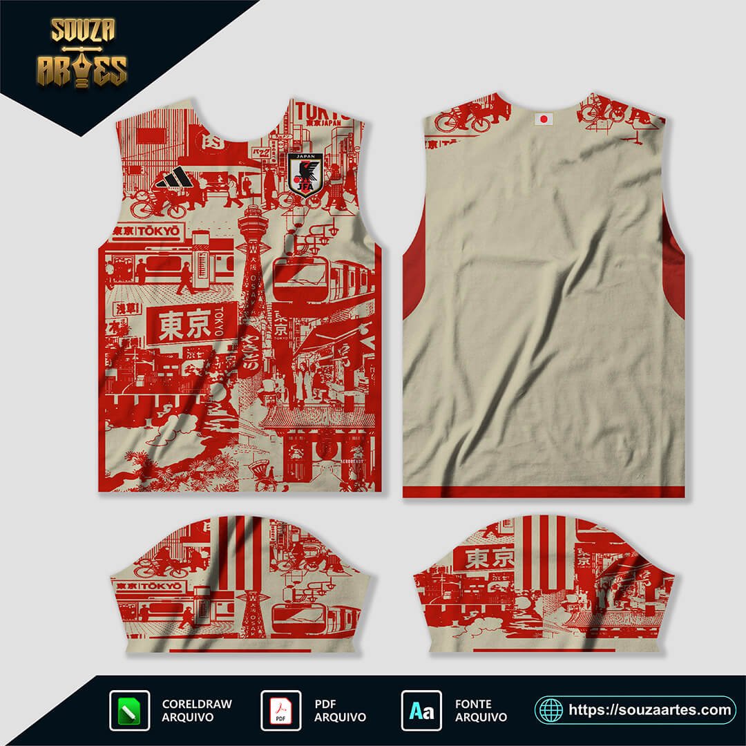 Imagem da Arte Vetor Camisa Japão Conceito Tokyo 2023-24, destacando um design inspirado na cidade de Tokyo, disponível nos formatos Corel Draw X7 e PDF.|Arte Vetor Camisa Japão Conceito Tokyo 2023-24
