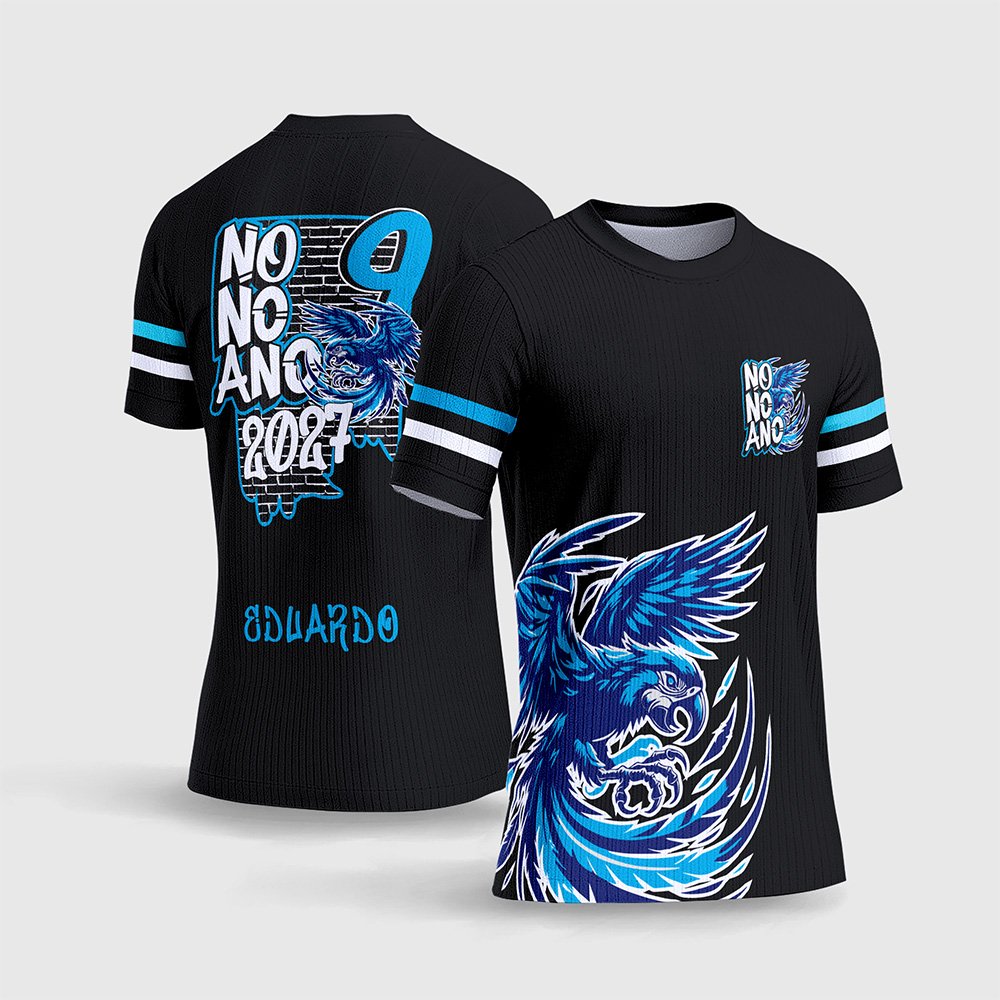 Arte Estampa Camisa Formandos Nono Ano Graffite Arara Azul.jpg apresenta o mockup de um fardamento escolar de formatura na cor preta com estampa frontal de uma arara-azul com asas e garras abertas, e um grande grafismo traseiro no estilo streetwear combinando a escrita Nono Ano 2027 com efeito de spray de grafite, fundo de muro de tijolos, número 9 grande e o nome Eduardo do formando em sublimação total CorelDRAW.