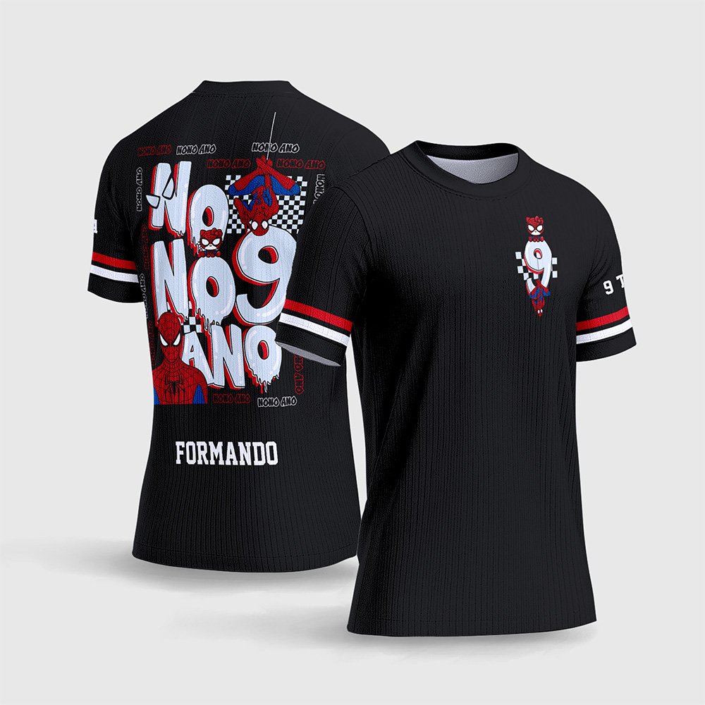Arte Estampa Vetor Camisa do Nono Ano Homem Aranha.jpg apresenta o mockup de um fardamento escolar de formatura na cor preta com estampa frontal minimalista do Homem-Aranha pendurado no número 9, e um grande grafismo traseiro no estilo streetwear combinando o herói escalando a palavra Nono Ano escrita em fonte gótica branca e vermelha, teias e o nome do formando em sublimação total CorelDRAW. — imagem 2
