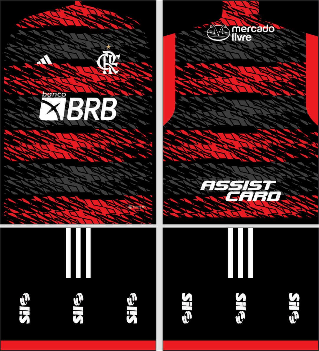 Imagem mostrando a arte vetor conceito da camisa Flamengo 2023-2024, com design exclusivo e moderno, ideal para personalização de itens do Clube de Regatas do Flamengo. Este arquivo digital, disponível para download imediato após a confirmação do pagamento, é totalmente editável e perfeito para criar camisas, moletons, canecas, bandeiras, cadernos e outros produtos personalizados do Flamengo. Destaque-se com uma arte única que celebra o orgulho de ser rubro-negro.|Arte Vetor Camisa Flamengo Conceito 2023 - 2024 — imagem 2
