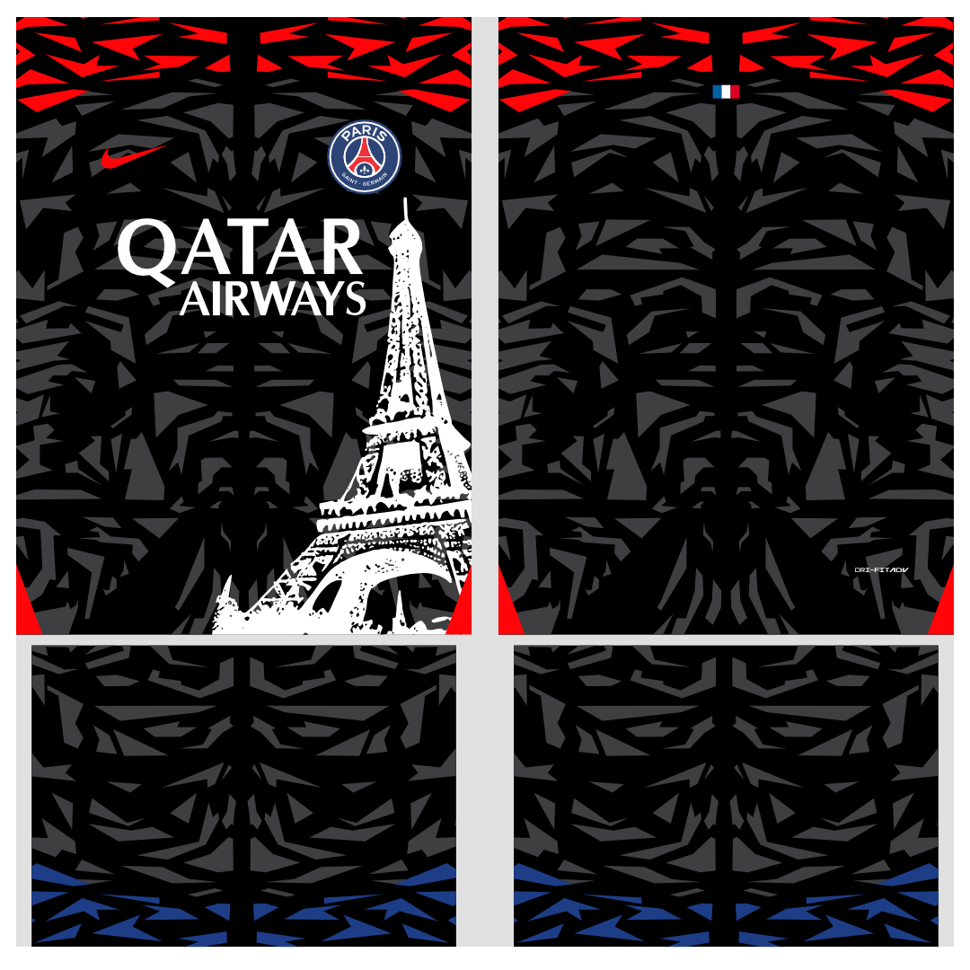 Design vetorizado da Camisa Paris Saint Germain Conceito Torre Eiffel 2024 em formatos Corel Draw X7 e PDF, ideal para personalização de camisas temáticas do PSG.| — imagem 2
